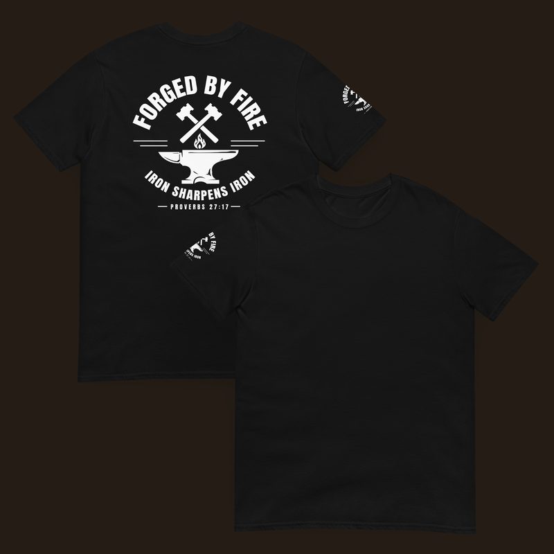 Forged by Fire t-shirt — crossed hammers over an anvil with flame, Iron Sharpens Iron, Proverbs 27:17